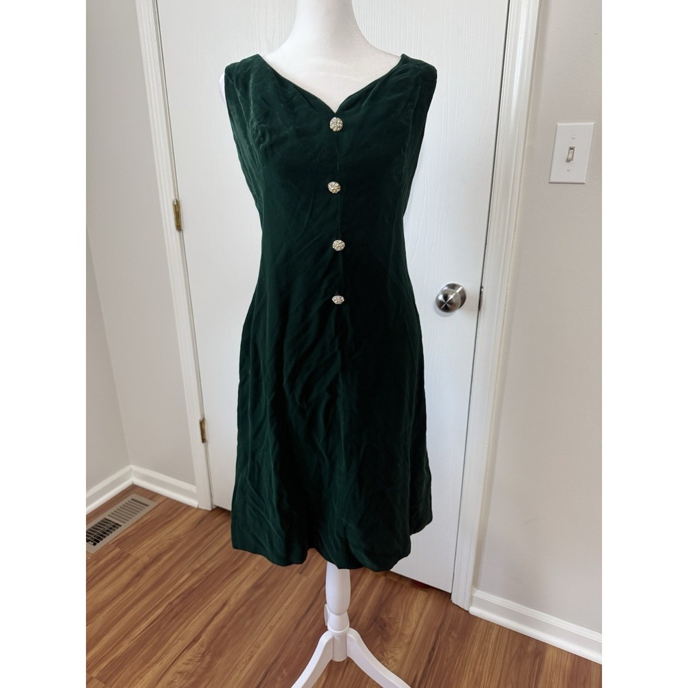 Vintage 60s Sleeveless Velvet Forest Green Formal Dress Jane Andre Medium